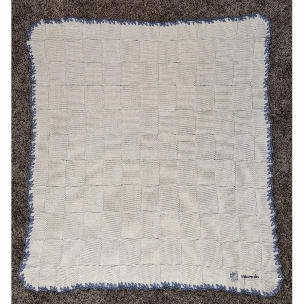 Margery Ellen Baby Blanket Cream Knit Checkered Board‎ Pattern Blue Crochet Trim